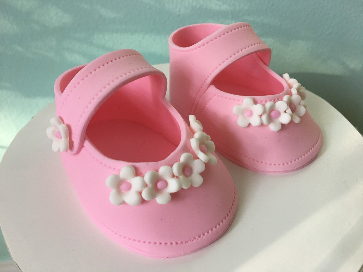 Baby shower cake toppper/ Pink baby girl shoes with small flowers gum paste fondant