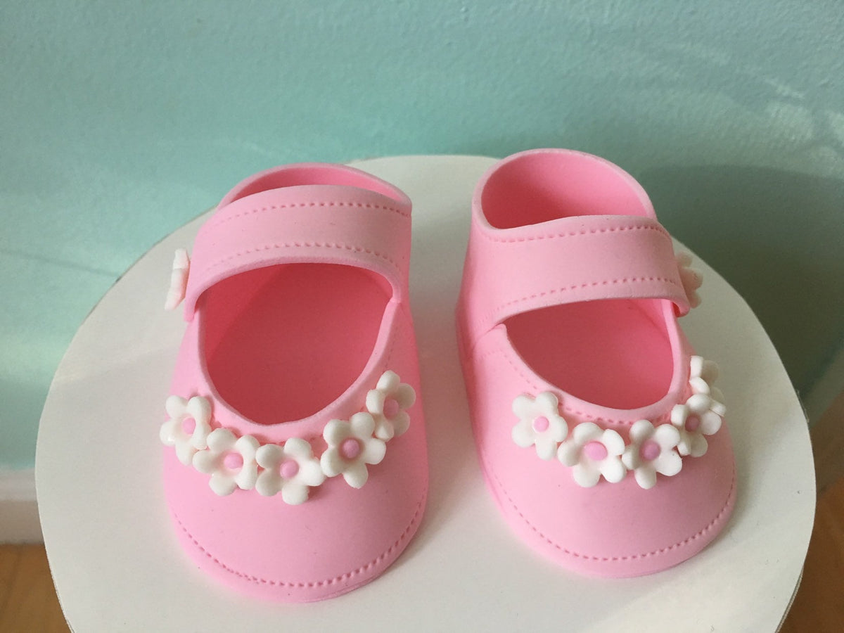 Baby shower cake toppper/ Pink baby girl shoes with small flowers gum paste fondant