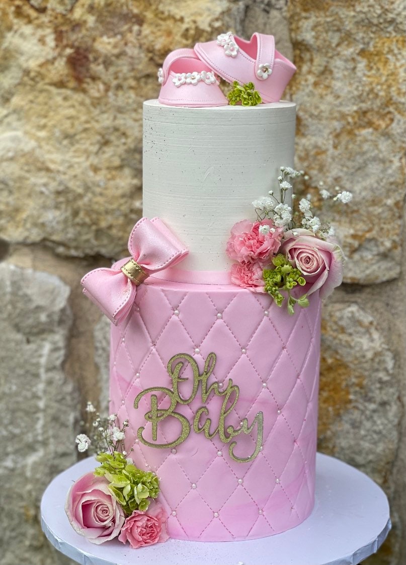Baby shower cake toppper/ Pink baby girl shoes with small flowers gum paste fondant