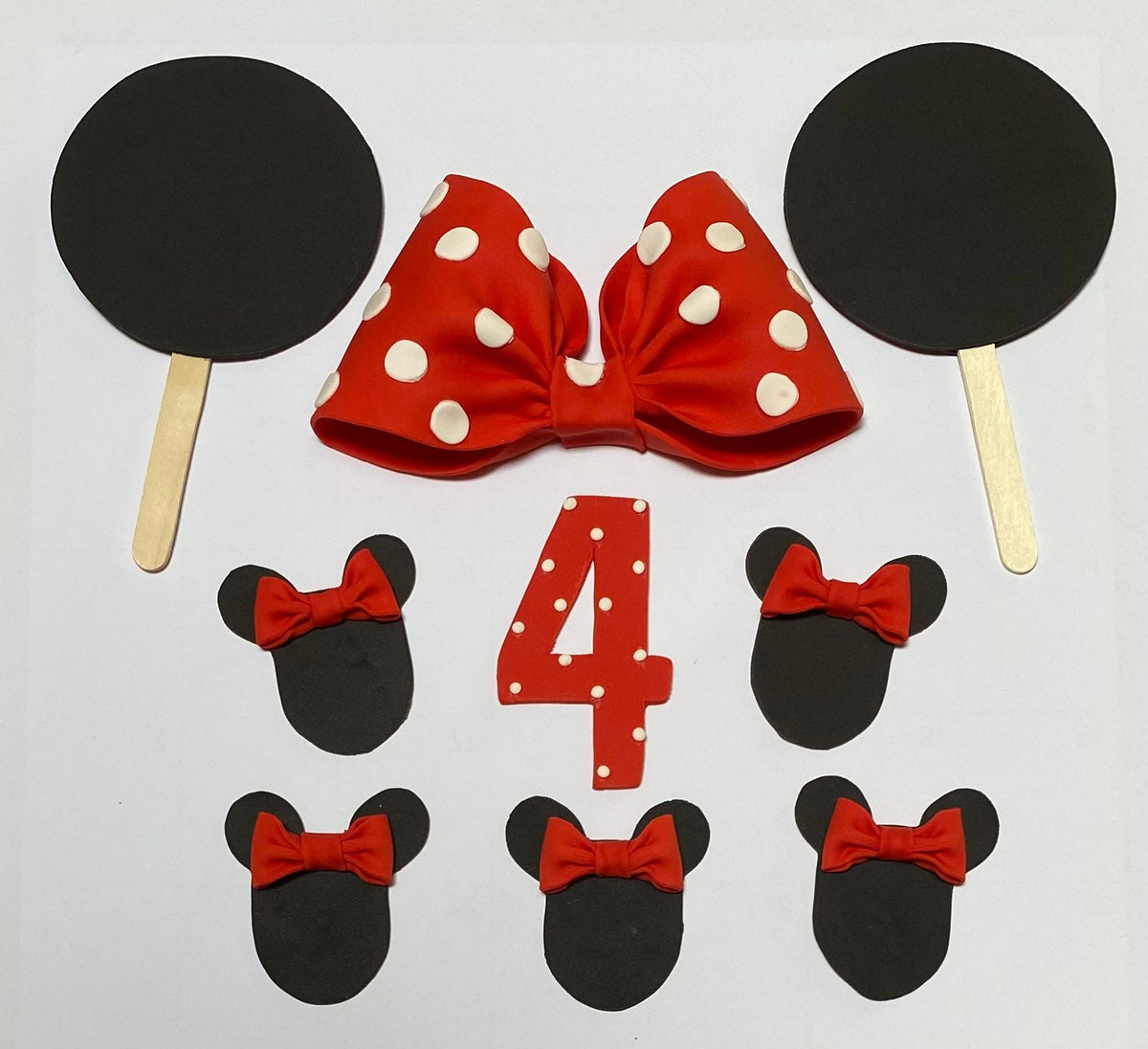 Edible Fondant Red Bow with Polka Dots and Black Ears