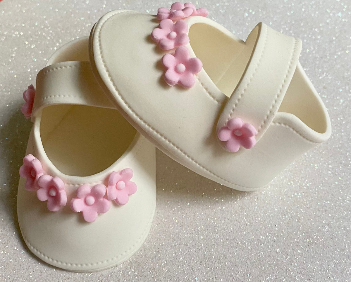Baby shower cake toppper/ baby girl white shoes with pink flowers fondant