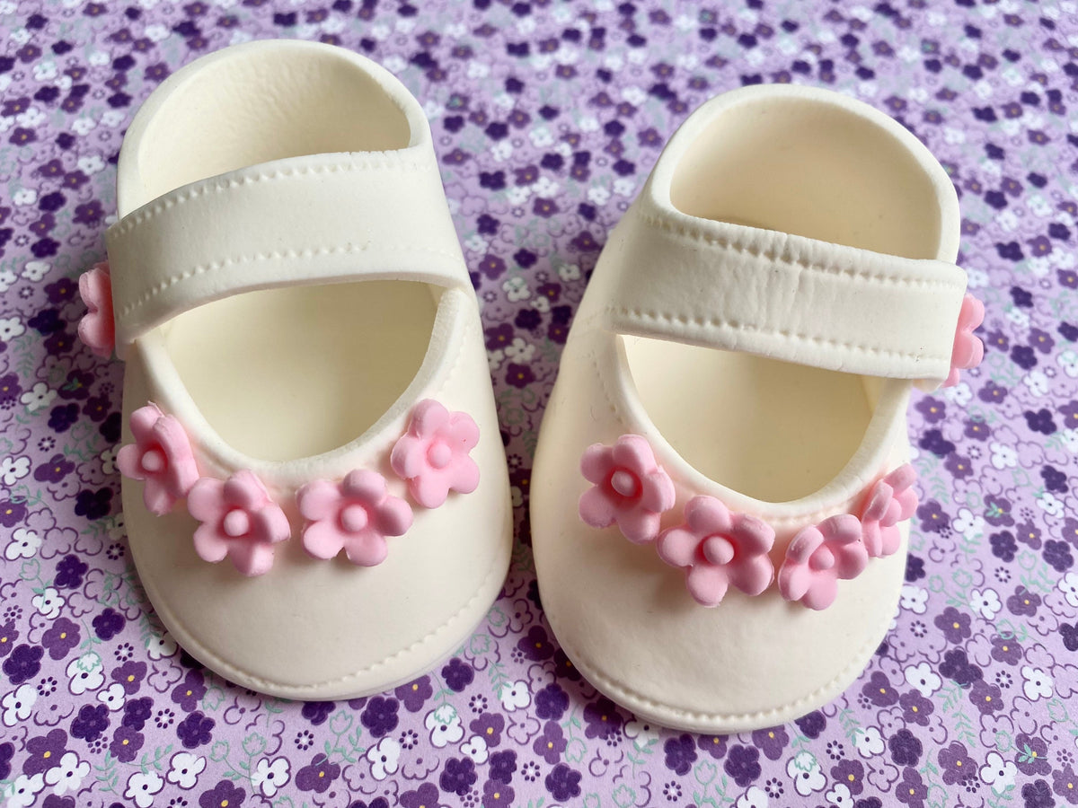 Baby shower cake toppper/ baby girl white shoes with pink flowers fondant