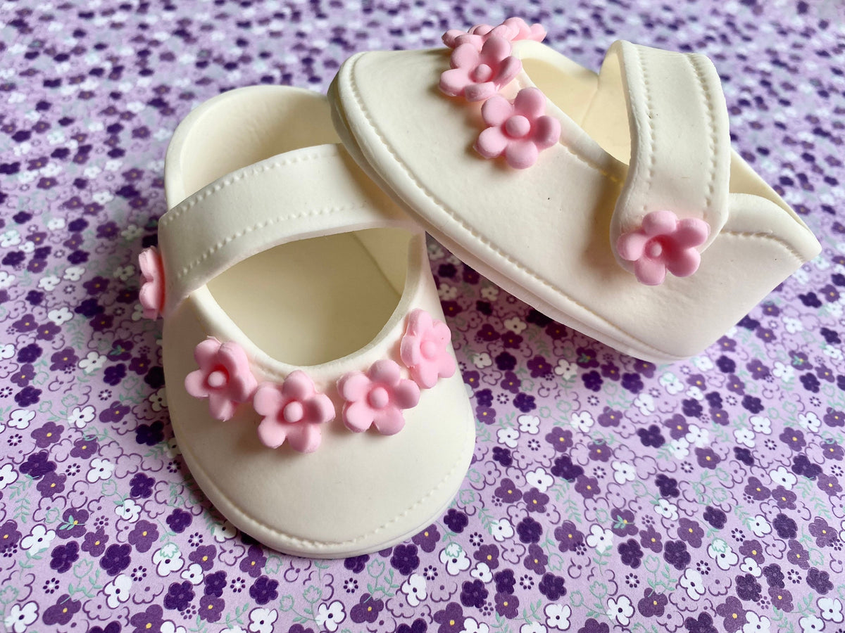 Baby shower cake toppper/ baby girl white shoes with pink flowers fondant