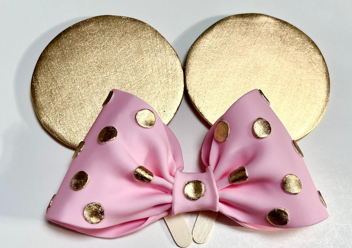 Fondant Minnie Mouse Cake Topper – Gold Ears, Pink Polka Dot Bow