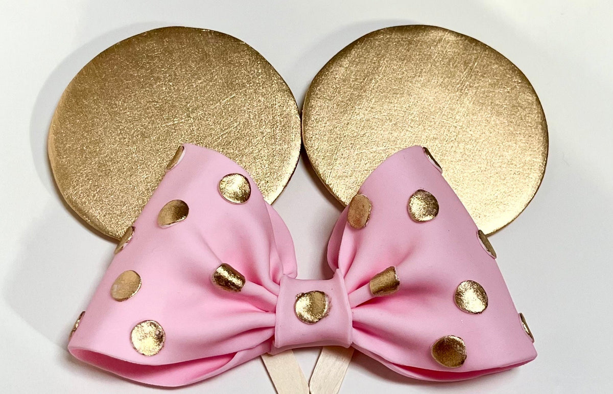 Fondant Minnie Mouse Cake Topper – Gold Ears, Pink Polka Dot Bow
