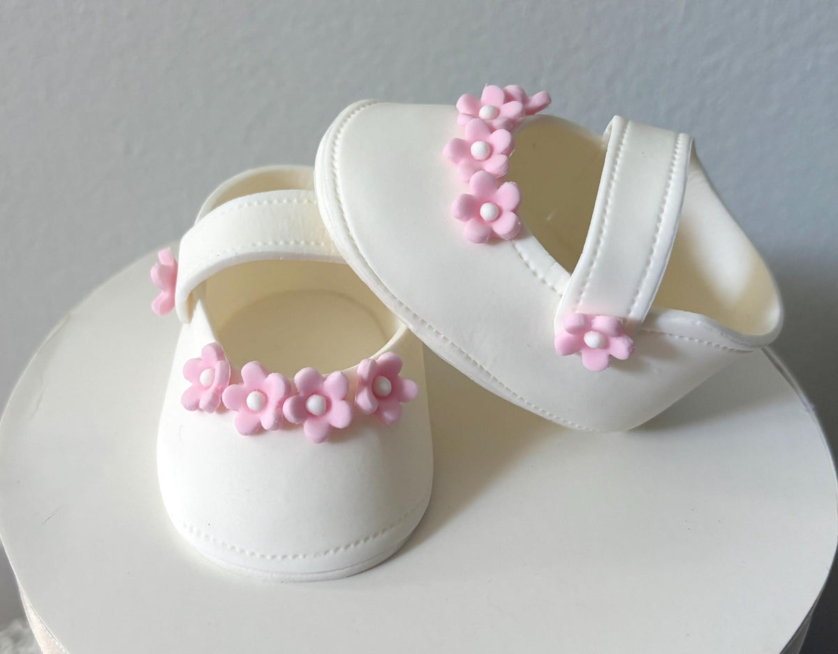 Baby shower cake toppper/ baby girl white shoes with pink flowers fondant