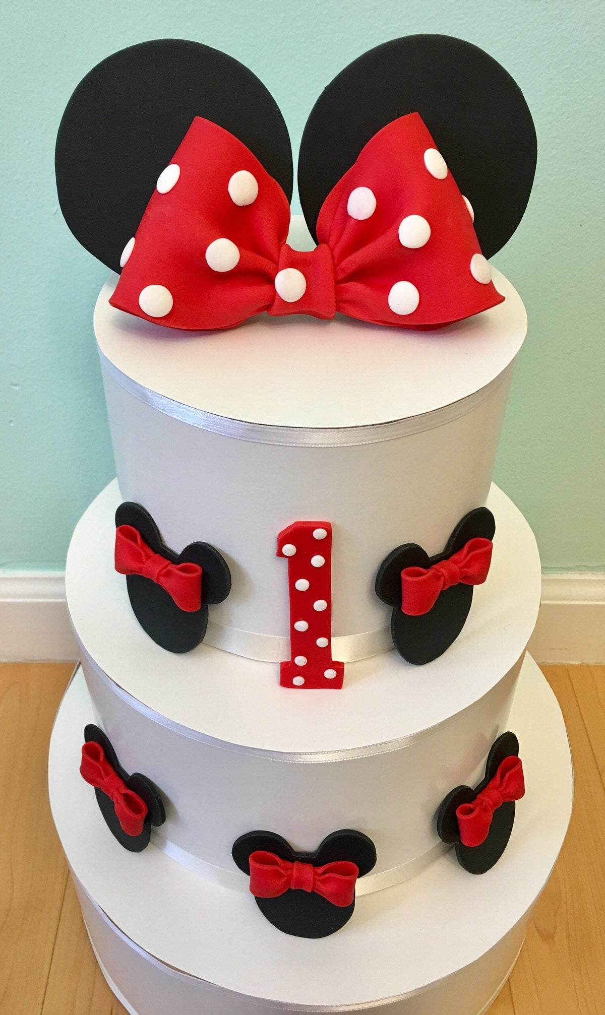 Edible Fondant Red Bow with Polka Dots and Black Ears