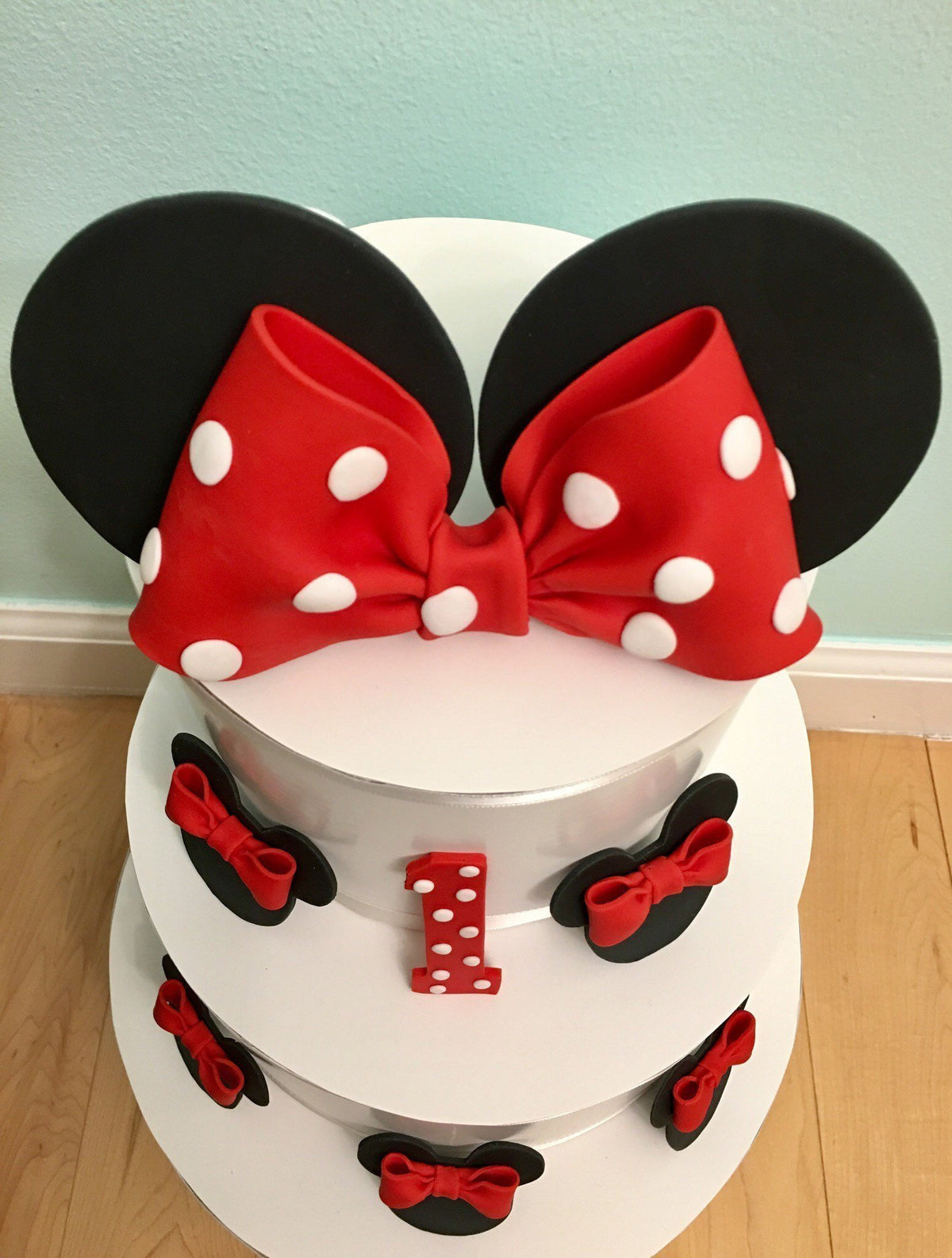 Edible Fondant Red Bow with Polka Dots and Black Ears