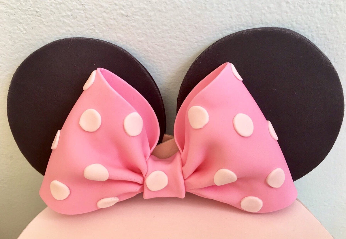 Edible Fondant Minnie Mouse Pink Bow with Polka Dots and Black Ears