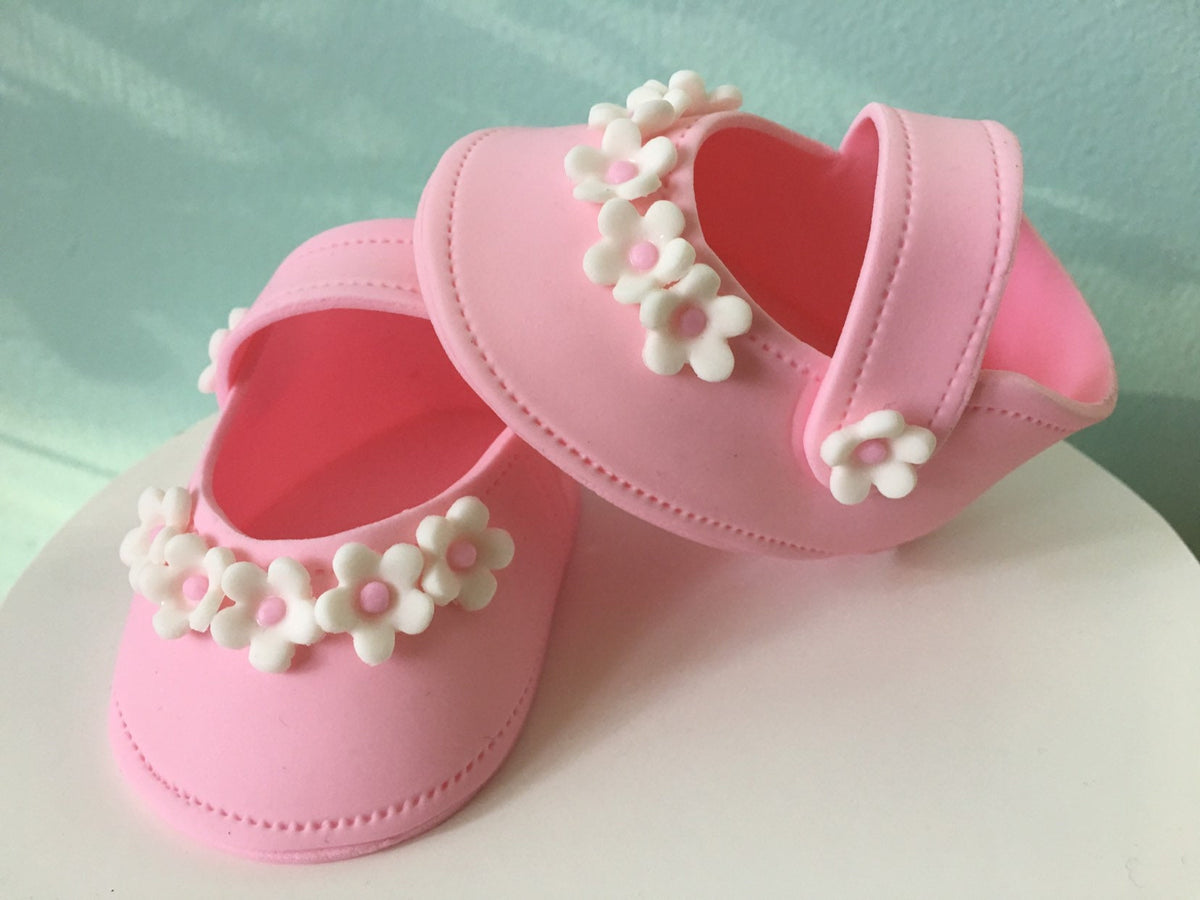 Baby shower cake toppper/ Pink baby girl shoes with small flowers gum paste fondant