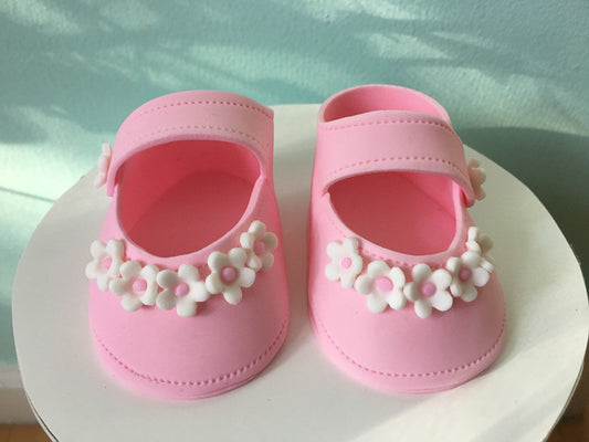 Baby shower cake toppper/ Pink baby girl shoes with small flowers gum paste fondant