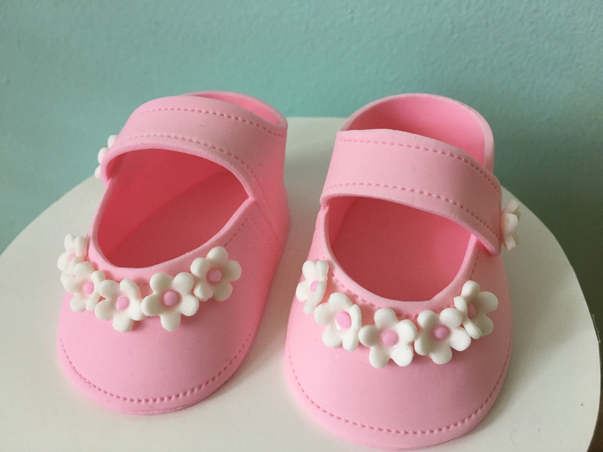Baby shower cake toppper/ Pink baby girl shoes with small flowers gum paste fondant
