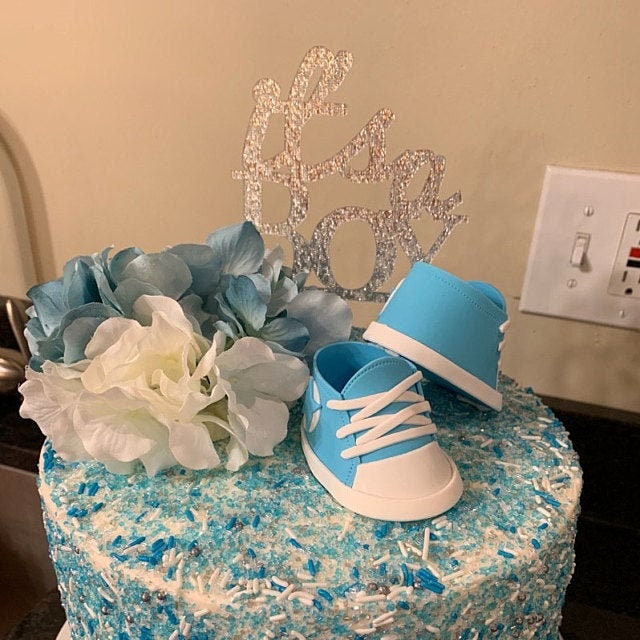 Blue converse baby shoes gum paste fondant for baby shower, birthday, cake topper