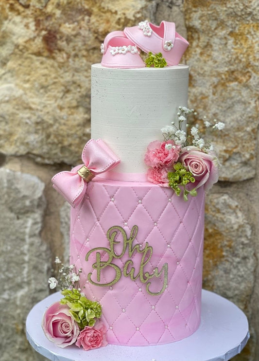 Baby shower cake toppper/ Pink baby girl shoes with small flowers gum paste fondant