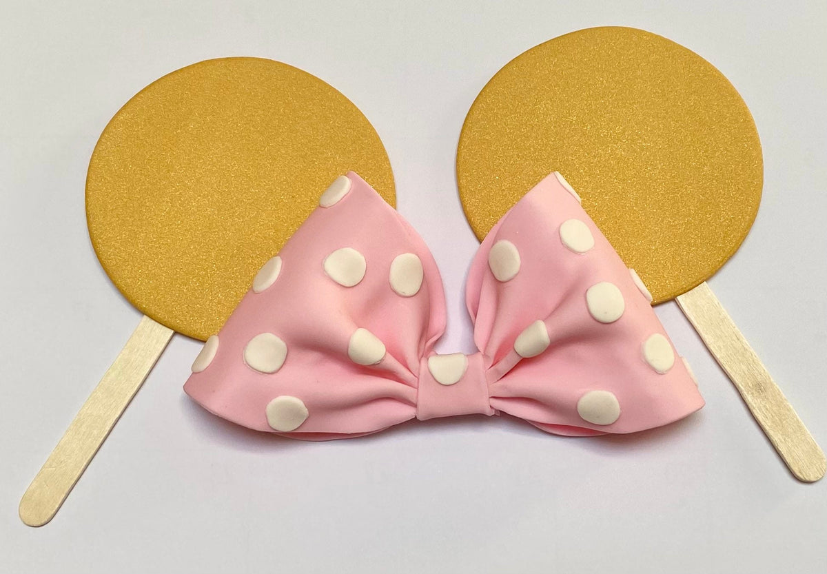 Edible Fondant Minnie Pink Polka Dot Bow and Gold Ears