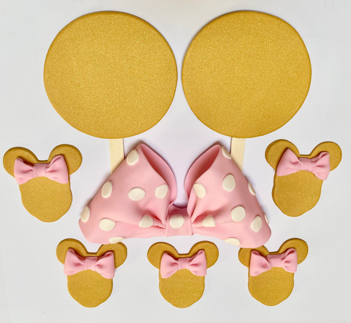 Edible Fondant Minnie Pink Polka Dot Bow and Gold Ears