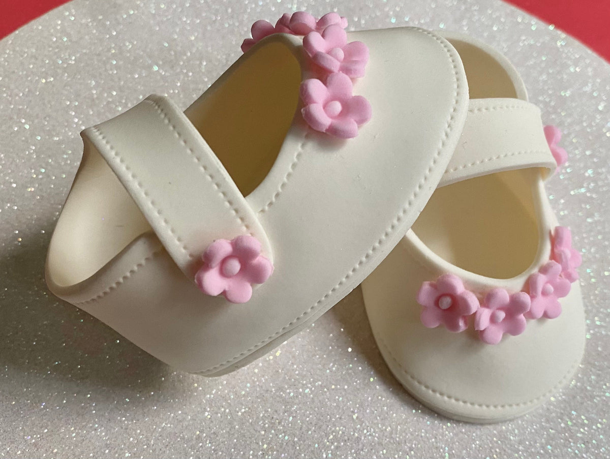 Baby shower cake toppper/ baby girl white shoes with pink flowers fondant