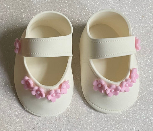 Baby shower cake toppper/ baby girl white shoes with pink flowers fondant