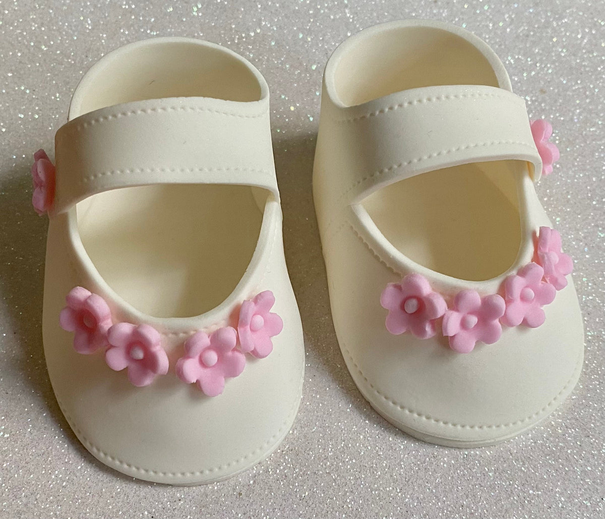 Baby shower cake toppper/ baby girl white shoes with pink flowers fondant