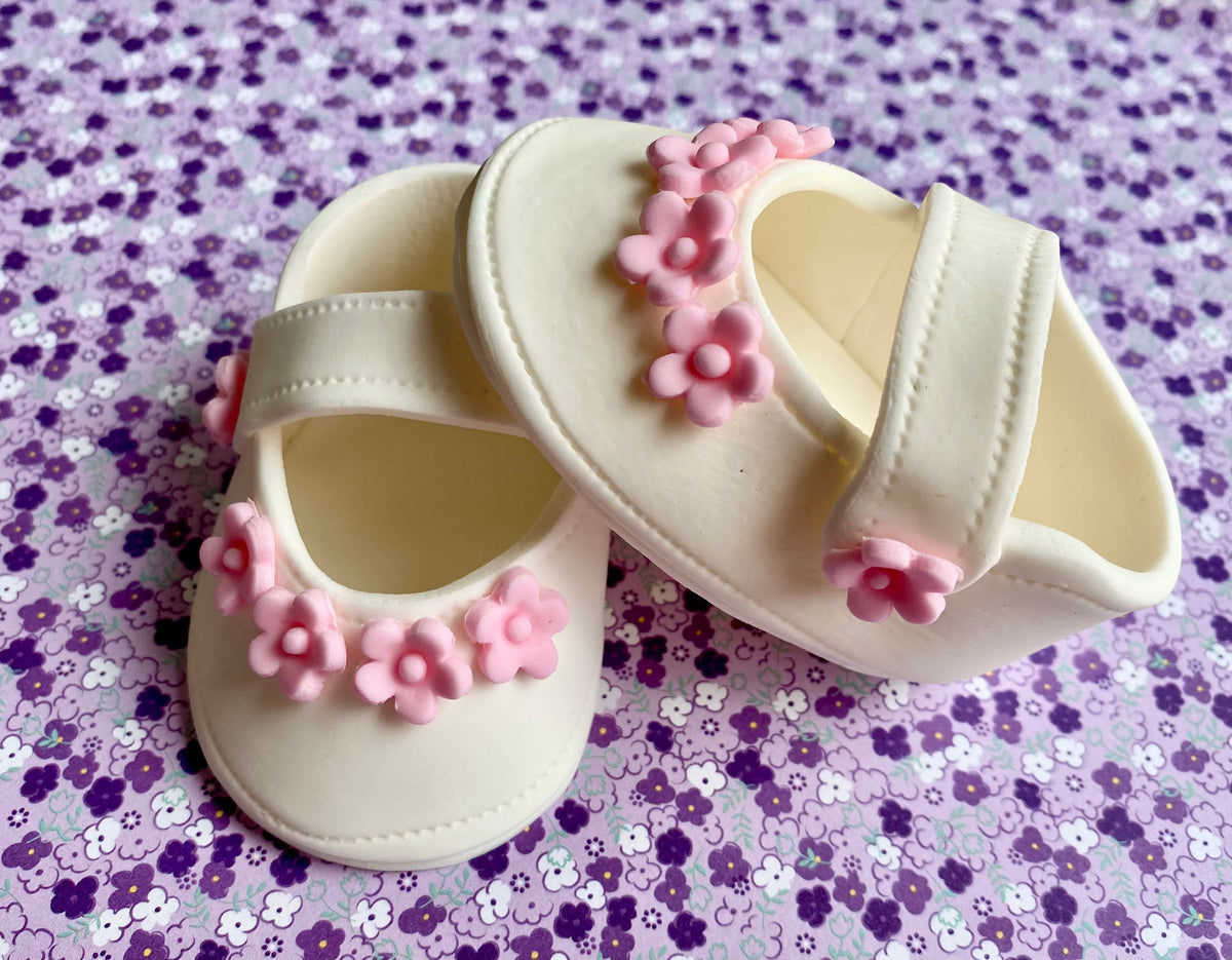Baby shower cake toppper/ baby girl white shoes with pink flowers fondant