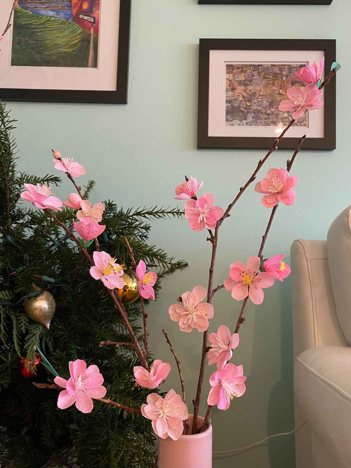 Hand Made Eco Friendly Pink Cherry Blossom on Real Stems - Hoa Đào Phai Ngày Tết - Cherry Paper Flowers