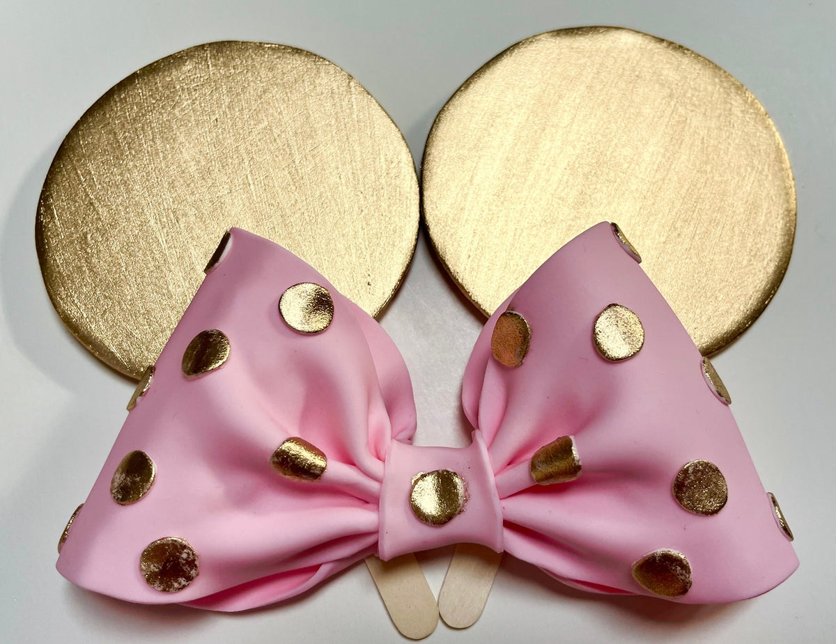 Fondant Minnie Mouse Cake Topper – Gold Ears, Pink Polka Dot Bow