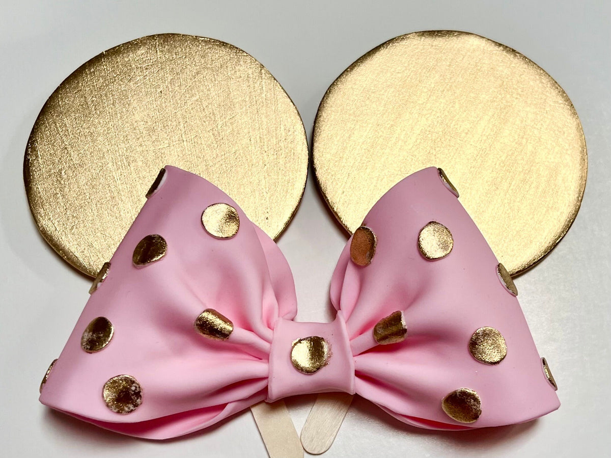 Fondant Minnie Mouse Cake Topper – Gold Ears, Pink Polka Dot Bow