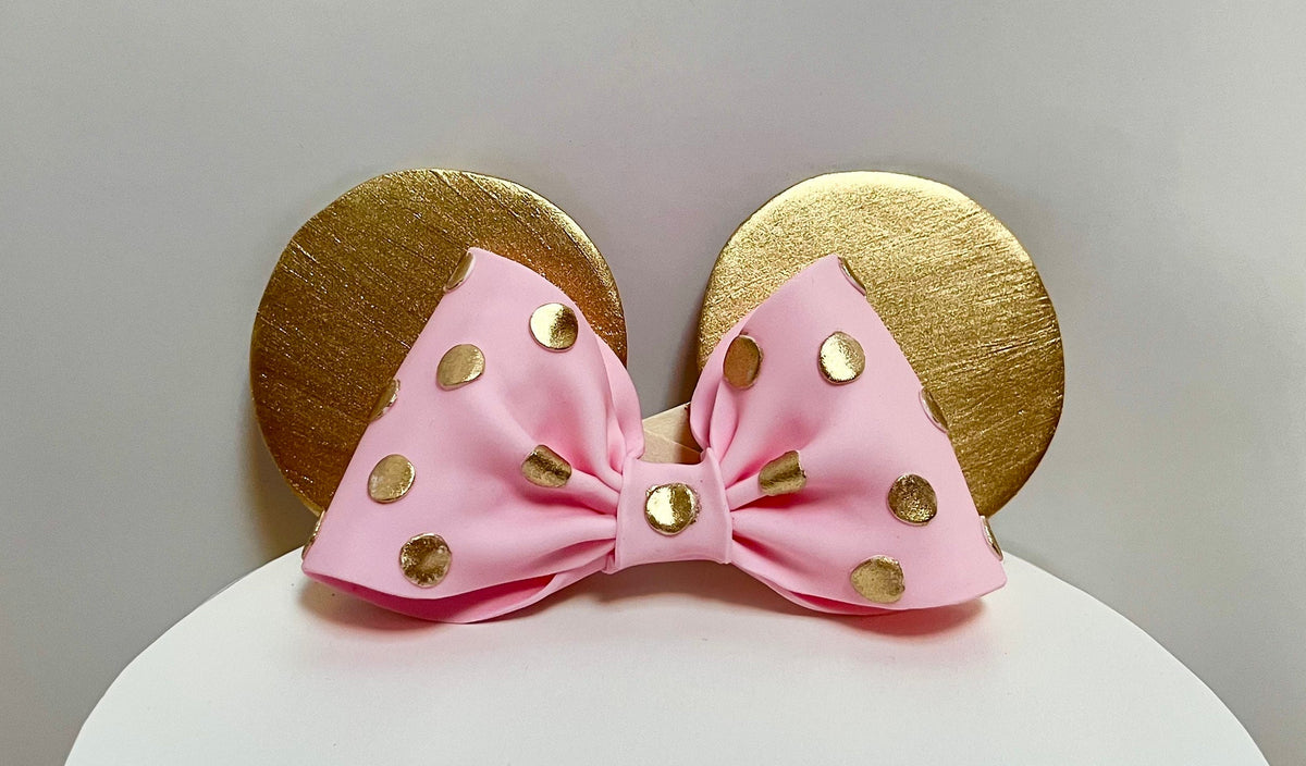 Fondant Minnie Mouse Cake Topper – Gold Ears, Pink Polka Dot Bow