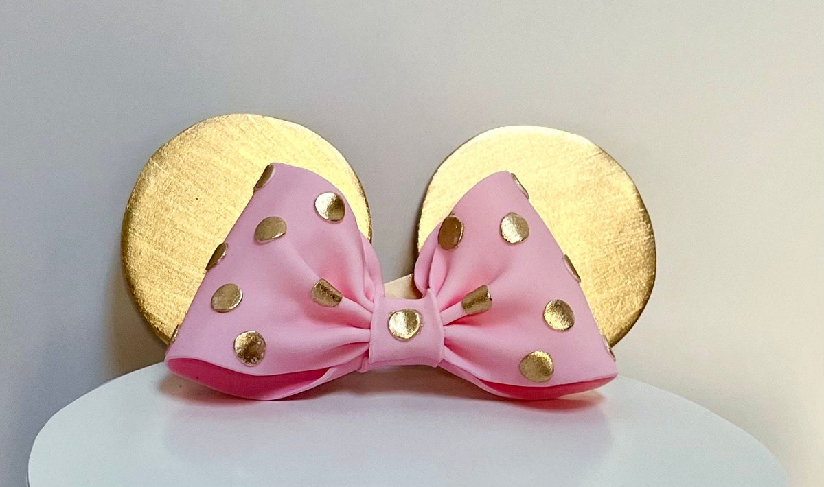 Fondant Minnie Mouse Cake Topper – Gold Ears, Pink Polka Dot Bow