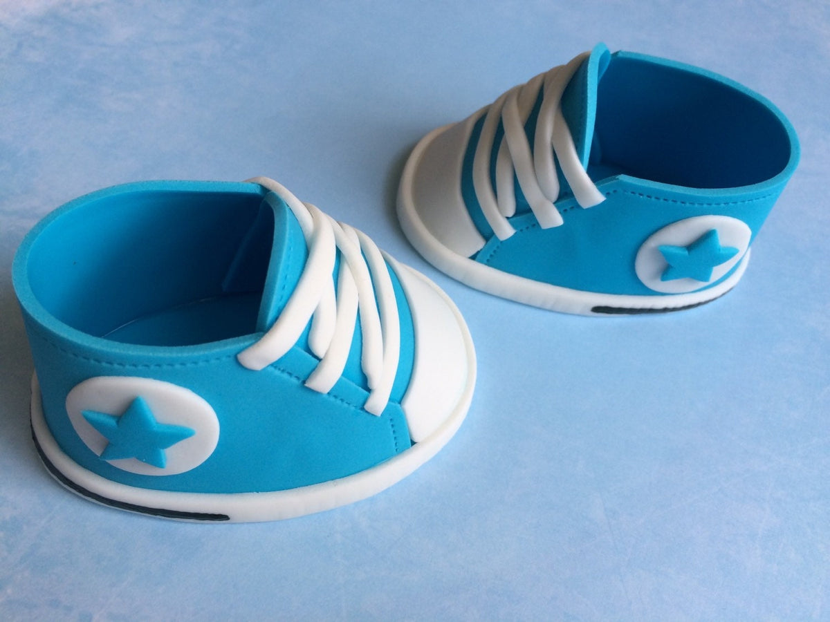 Blue converse baby shoes gum paste fondant for baby shower, birthday, cake topper