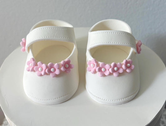 Baby shower cake toppper/ baby girl white shoes with pink flowers fondant