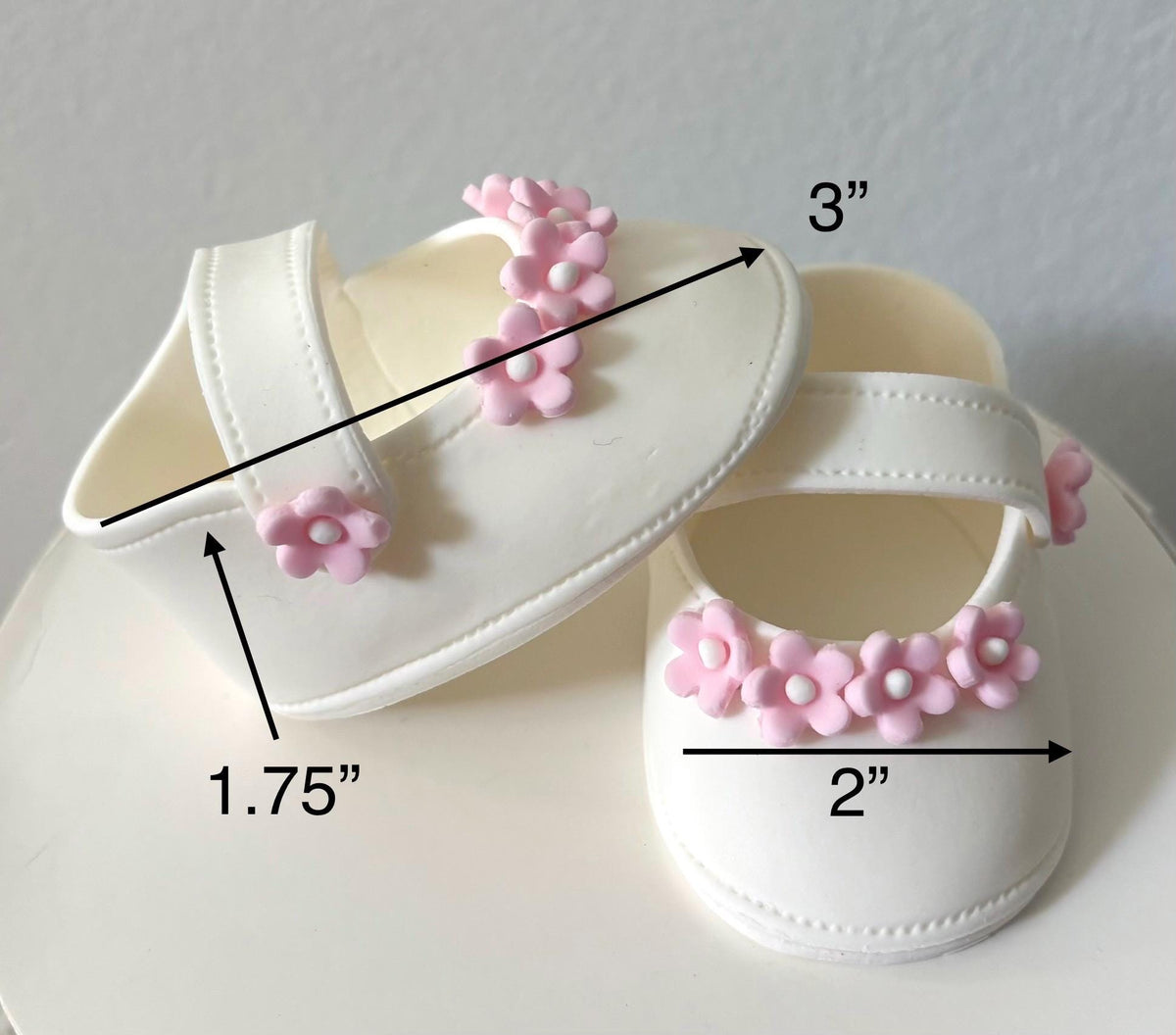 Baby shower cake toppper/ baby girl white shoes with pink flowers fondant